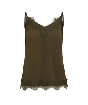 
Mooie bruine lace top van het merk CC Heart. De lace top is een strak en elegant hemdje met een zachte V-hals en verstelbare spaghettibandjes. De top is voorzien van kanten details en heeft een relaxte pasvorm.
Te dragen onder een trui of een jasje, maar ook gewoon als top.
95% polyester, 5% elastaan.
