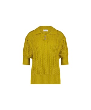 
De Pullover Mais PU KN Mais PU van JANE LUSHKA is een gebreide trui met kraagje met knoopsluiting en korte mouwen. De mouwen en onderzijde van de trui zijn afgewerkt met een boord. Dit model is uitgevoerd in de kleur Lime.