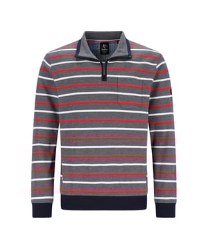 De Hajo heren-troyer combineert sportief design met tijdloos comfort. Een praktische half-rits zorgt voor variabele draagmogelijkheden en onderstreept de moderne uitstraling. De langärmige vorm met contrasterende kraag, mouwen en zoom geeft stijlvolle accenten. De streepdessin verleent de troyer een dynamische en mannelijke uitstraling. Een opgestikte borstzak biedt functionele details voor dagelijks gebruik en vrije tijd. Een subtiele patch op de mouw maakt het modieuze totaalplaatje compleet. Gemaakt van hoogwaardige materialen garandeert hij hoog draagcomfort. De huidvriendelijke afwerking maakt hem ademend en aangenaam om te dragen. Veelzijdig te combineren met jeans of chinos voor een smart-casual look. Een perfect kledingstuk voor heren die kwaliteit en stijl waarderen.