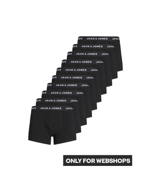 
Mega mulitpack van 10 effen zwarte Jack and Jones boxershorts. Gemaakt van stretch katoen met elastisch waistband en korte pijp. Stofsamenstelling 95% katoen, 5% elastaan.