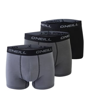 
O'Neill trunks boxershorts multipack 900003 voor heren. De set basic onderbroeken bevat 2 effen grijze en 1 effen zwarte onderbroeken met elastische waistbands. Daarnaast is de elastische waistband voorzien van het O'Neill logo. De gebreide Jersey stof is lichtgewicht en stretchy voor extra comfort. Gemaakt van 95% katoen en 5% elastaan.