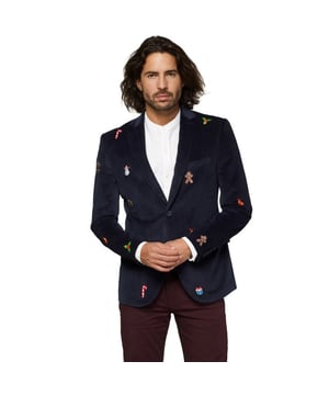 
De juiste kerstoutfit is belangrijk om in de feestelijke sferen te komen. Deze OppoSuits Deluxe blazer geeft jouw kerstlook direct een upgrade, dankzij zijn rijke velvet stof en stijlvolle slim fit pasvorm. Het is een zacht, diepblauw exemplaar vol met geborduurde kersticoontjes, wat ervoor zorgt de je de show steelt op elk kerstfeest.