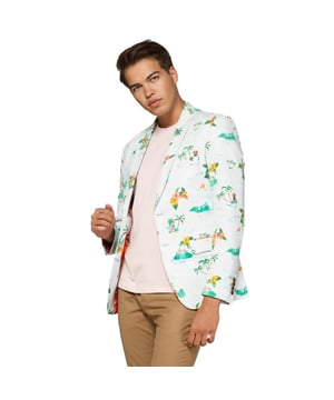 
Deze tropical OppoSuits Deluxe blazer is onze stijlvolle variatie op de klassieke Hawaii blouse. Het jasje heeft houten knopen en een all-over print met handgetekende Hawaii icoontjes. Dankzij zijn lichte stof is deze blazer helemaal zomer-proof. Geef je warm-weer-garderobe een upgra