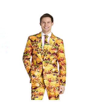 
Als je trek hebt in nieuwe kleding, hebben we iets op het menu staan. Met dit smakelijke fastfoodpak ben je gegarandeerd het hoofdgerecht van je volgende themafeest of Halloweenparty. De outfit bestaat uit een jasje, een broek en een stropdas. De broek heeft een verstelbare tailleband voor een comfortabele pasvorm.