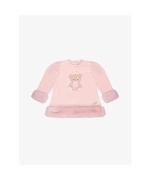 
De Little A by Adee Goldie jurk in Baby Pink heeft een drukknoopsluiting aan de achterkant, een geprinte beer, fleecevoering, pofmouwtje en een faux fur details. Combineer met de bijpassende maillot.