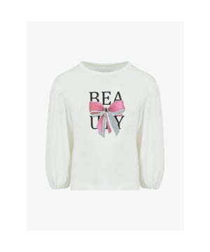 
De Lapin House Longsleeve in Off White heeft een ballonmouw, een print met BEAUTY en een roze strik met zilveren glitters. Combineer met de bijpassende Lapin House Tulle rok.