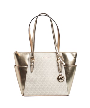 Our Charlotte tote bag with the Signature print is a timeless addition to your wardrobe.\n It features two side pockets for quick access to your phone and keys. A zippered top closure opens to a spacious interior designed to hold your essentials.\n\n Details:\n - Accessory Type: Tote Bag.\n - Material: Canvas with printed logo.\n - Hardware: Gold tone.\n - Michael Kors metal logo appliqué on the front.\n - Exterior details: Side pockets.\n - Interior details: Back pocket with zipper.\n - Detail of metallic MK hanging charm.\n - Lining: Canvas with logo print.\n - Closure: Zipper.\n\n Each of Michael Kors' accessories collections features a strong identity, offering a fresh mix of trends, colors, and silhouettes that never go out of style, with urban style and attitude. Each women's shoulder bag designed by Michael Kors is an affordable luxury with a touch of modern, unexpected, and comfortable glamour, offering a piece for every occasion.\n Measures: 38.5 cm (width) x 27 cm (height) x 12 cm (depth)\n Composition: 69% Coated Canvas, 17% Polyester, 13% Cotton, 1% Polyurethane\n Care:\nClean with a damp cloth.