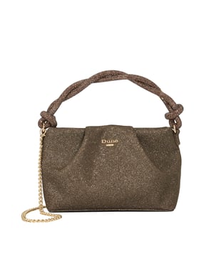 Add a touch of shimmer to your evening look with Bestowing, our sparkly shoulder bag. Designed with sculptural knotted handles for a refined finish, this standout style features a detachable gold-tone chain strap for versatile wear ' from shoulder to crossbody. The front is adorned with our signature Dune London branding in polished gold hardware, adding a luxe accent to this sophisticated silhouette. The perfect companion for after-dark events and special occasions.
