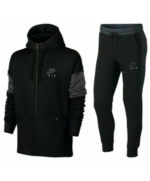 Stay comfortable and stylish with this 2-piece Nike Air tracksuit.

Hoodie with high-neck panels and contrast-colored design

Dropped shoulders for a relaxed fit

“Nike Air” branding on hood and panels

Cuffed joggers with elastic waistband and adjustable drawstrings

Two side pockets and one back pocket

Soft fleece lining for all-day comfort