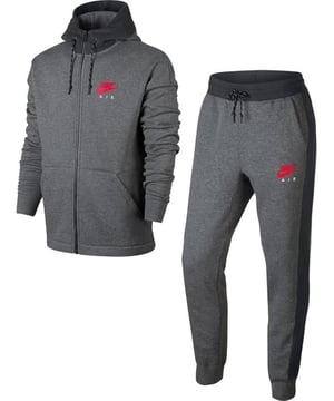 Stay comfortable and stylish with this 2-piece Nike Air tracksuit.

Hoodie with high-neck panels and contrast-colored design

Dropped shoulders for a relaxed fit

“Nike Air” branding on hood and panels

Cuffed joggers with elastic waistband and adjustable drawstrings

Two side pockets and one back pocket

Soft fleece lining for all-day comfort