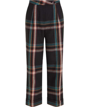 
King Louie pantalon in ruit geweven. Zwart met petrol en diverse tinten. Celia pantalon heeft een hoge tailleband met bandplooi en insteekzakken. Zit losjes op de heupen en bovenbenen en heeft wijde pijpen met een omslag. Deze broek is top op knie hoogte geheel glad gevoerd. Valt normaal uit in de maat.