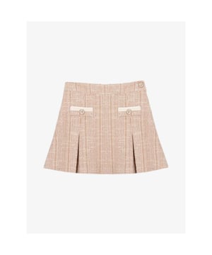 
Deze stijlvolle A-lijn rok is gemaakt van beige tweedstof. Hij heeft decoratieve zakken aan de voorkant met een contrasterende bies en parelachtige knoopdetails, en subtiele plooien voor een flatterende pasvorm.
