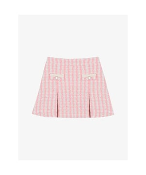 
Deze stijlvolle A-lijn rok is gemaakt van lichtroze tweedstof. Hij heeft decoratieve zakken aan de voorkant met een contrasterende rand en parelachtige knoopdetails, en subtiele plooien voor een flatterende pasvorm.
