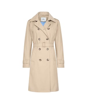 
* Trenchcoat
* Waterafstotend
* Knoopsluiting aan de voorkant
* Riem van zelfstof en sierlint aan de achterkant met gesp in de taille
* Steekzakken met klep
* Epaulletten vast op de schouders
* Haak-en-oogsluiting bij de nek
* Open split aan de achterkant
* Achterpas
* Lus met knoop aan de manchetten
* Merk metalen plaatje op de mouw
* Gestreepte voering aan de achterkant 68% cotton 32% polyester