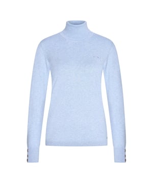 
* Fijngebreide trui
* Ribboorden, rolkraag, onderste zoom en zijkanten
* Metalen knopen aan de manchet
* Logoborduursel op de borst
* Metalen merkplaatje aan de onderste zoom 80% cotton 18% polyamide 2% elastan