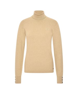 
* Fijngebreide trui
* Ribboorden, rolkraag, onderste zoom en zijkanten
* Metalen knopen aan de manchet
* Logoborduursel op de borst
* Metalen merkplaatje aan de onderste zoom 80% cotton 18% polyamide 2% elastan