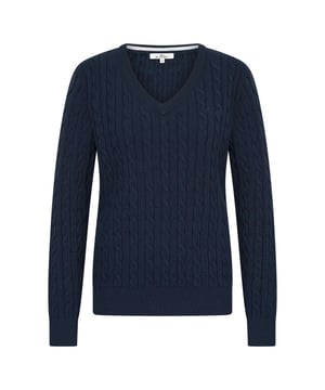 
Gebreide trui met een kabelpatroon in zachte katoen * V-hals * Ribboorden aan de manchetten, zoom en halslijn * Logo borduursel op de borst * Merkplaatje aan de voorkant 80% cotton 18% polyamide 2% elastan