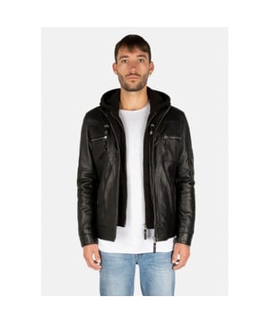 
<strong>Zwarte premium leren jas heren - afneembare capuchon</strong>