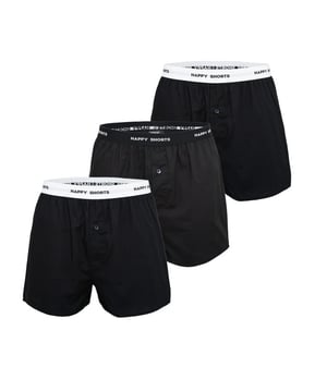 
Happy Shorts set van 3 wijde boxershorts met elastische waistband. De onderbroeken hebben een losse pasvorm voorzien van gulp met knoopsluiting.
