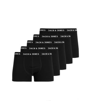 
Jack and Jones boxershorts multipack voor heren. De set basic onderbroeken bevat 5 zwarte boxershorts met zwarte waistband. De boxershorts hebben een elastische waistband met Jack&jones logo en korte pijpen.