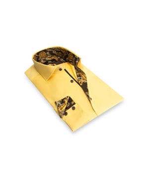 
Een effen geel overhemd, met een op paisley geïnspireerde print aan de binnenkant van de kraag en manchetten. Het is geweven van een iets zwaarder katoen (Planet stof) van Italiaanse kwaliteit. Gestyled met echte hoornen knopen. 100% katoen.