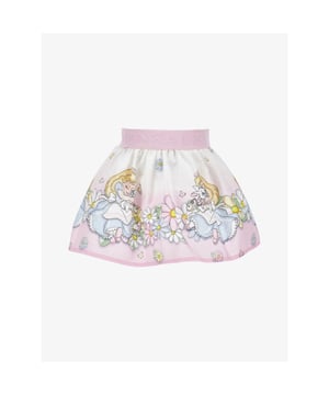 
De Monnalisa Rok in de kleur Bianco Rosa Fairytale uit de Baby Alice collectie heeft een elastieke tailleband met het logo verwerkt en een print met Alice.