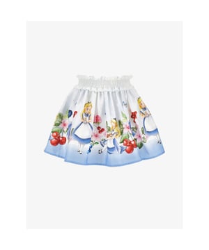 
De Monnalisa Rok in de kleur Bianco Celeste heeft een elastieke tailleband met roezels aan de bovenkant. De rok is een ballonrok model met Alice in Wonderland print.