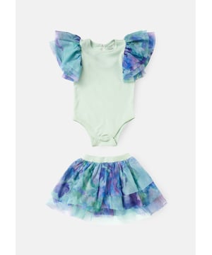 It's   to be! Get ready to capture precious moments with your little one in this charming bodysuit set. Statement sleeves layered in soft mesh with a twirl-tastic tutu make this the perfect summer outfit.