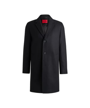 Mens HUGO Malte2441 Regular-Fit Coat in wool in blackA versatile coat by HUGO. Cut to a regular fit and lined with smooth material  this elegant design is crafted in wool.- Regular fit- Notched lapels- Number of buttons: 3- Pockets top: Welt pockets- Inside zip pockets- Kissing buttons on the cuff- Back vent- Fully lined- Standard length- Fit back length: 98cm (39 inches)- Main material: 80% Virgin wool  20% Polyamide.  Lining: 100% Viscose.  Sleeve lining: 100% Viscose.  Pocketing: 100% Cotton.  Undercollar: 100% Polyester.  Dry clean.- Ref: 50528809-001