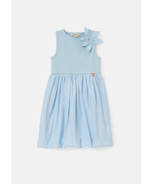 Soft as a summer breeze! Our puffball corsage dress features a cotton rib bodice paired with a voluminous woven puffball skirt in a beautiful sky  . Delicate floral lace trim adds an extra-special touch. perfect for sunny days and special occasions.