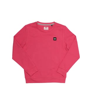 Geribde crewneck.Geribde boorden en zoom.Kleine WO badge op de borst.Voelt zacht aan.Normale pasvorm.