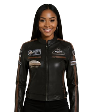 Geniet van de adrenalinekick met ons prachtige dames bikerjack, gemaakt van premium nappaleer, speciaal ontworpen voor raceliefhebbers die op zoek zijn naar zowel stijl als functionaliteit. Dit iconische item combineert klassieke biker-esthetiek met eigentijdse accenten, voor een tijdloze en gedurfde look. Premium nappaleer: Gemaakt van 100% ultrazacht nappaleer, dat luxe en duurzaamheid uitstraalt. Buitenzakken: Vier buitenzakken voor handige opbergruimte, voor extra functionaliteit. Contrasterende racestrepen: Twee contrasterende racestrepen op de mouwen voor een sportieve uitstraling. Opvallende racebadges: Geborduurde vintage racebadges op de voorkant en mouwen, die de door racen geïnspireerde stijl accentueren. Traditionele bikerroots: Klassieke korte kraag met lipje en twee borstzakken met rits behouden de traditionele bikerlook. Dit jack combineert tijdloze biker-elementen met moderne accenten zoals racestrepen en -badges, wat de iconische status versterkt. Compleet met een YKK-rits over de volledige lengte en handzakken in de taille, garandeert het praktische gebruik zonder in te leveren op stijl voor gepassioneerde raceliefhebbers.