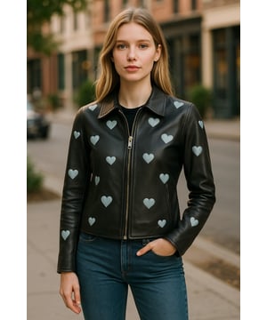 Confeccionada en piel de cordero de primera calidad, esta chaqueta motera para mujer combina un estilo vanguardista con alegres apliques de corazones. Con un corte entallado, forro de algodón y cuatro prácticos bolsillos, es una elegante combinación de comodidad y elegancia para looks casuales y llamativos. Características principales: Confección en piel de cordero de primera calidad. Elegante diseño entallado para una silueta favorecedora. Exclusivo detalle de aplique de corazón en azul claro. Cómodo forro de algodón para mayor transpirabilidad. Cierre frontal con cremallera para un acabado elegante. Dos bolsillos exteriores y dos interiores funcionales. Look clásico de inspiración motera con un toque moderno. Resistente y versátil para el día a día.