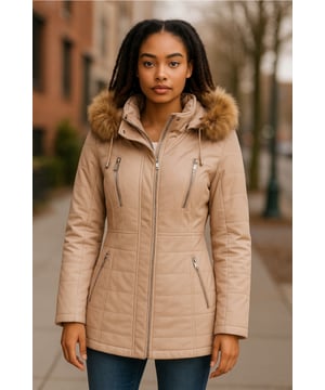 Erweitern Sie Ihre Wintergarderobe mit unserer schmal geschnittenen Lederparkajacke für Damen – die perfekte Wahl, um es bei kälterem Wetter warm und stilvoll zu haben. Diese Jacke aus 100 % hochwertigem, ultraweichem Nappaleder bietet ein luxuriöses und bequemes Tragegefühl. Das zeichnet sie aus: Abnehmbare, pelzgefütterte Kapuze: Die Jacke hat eine abnehmbare, pelzgefütterte Kapuze, die sowohl Wärme bietet als auch einen üppigen Look verleiht, der Ihrem Winteroutfit einen Hauch von Raffinesse verleiht. Funktionelle Reißverschlusstaschen: Vier Reißverschlusstaschen auf der Vorderseite der Jacke mit Laschen zum einfachen Öffnen bieten sichere und praktische Aufbewahrung für Ihre wichtigsten Dinge. Luxuriöse Steppdetails: Steppdetails an Ärmeln und Taille verleihen dem Design der Jacke einen Hauch von Luxus und Struktur und steigern ihre Optik. Hoher Stehkragen: Der hohe Stehkragen mit Druckknöpfen hält Sie nicht nur warm, sondern verleiht dem Gesamtlook auch ein schickes und elegantes Element. Ärmelbündchen mit Reißverschluss: Ärmelbündchen mit Reißverschluss bieten zusätzliche Einstellbarkeit und Stil, sodass Sie die Ärmellänge nach Ihren Wünschen anpassen können. Diese Damen-Lederparkajacke vereint Mode, Funktionalität und Premiumqualität und ist damit ein Must-have für Ihre Wintergarderobe für einen schicken und gemütlichen Look.