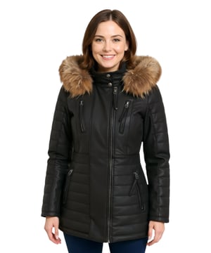 Mejora tu guardarropa invernal con nuestra parka de cuero para mujer de corte entallado, la opción perfecta para mantenerte abrigada y con estilo en climas fríos. Confeccionada con 100 % cuero napa ultrasuave de primera calidad, esta chaqueta ofrece una sensación lujosa y cómoda. Esto es lo que la distingue: Capucha desmontable con forro de piel: La chaqueta cuenta con una capucha desmontable con forro de piel, que proporciona calidez y un aspecto exuberante que añade un toque de sofisticación a tu atuendo invernal. Bolsillos funcionales con cremallera: Cuatro bolsillos con cremallera en la parte delantera de la chaqueta, con pestaña para una fácil apertura, ofrecen un almacenamiento seguro y práctico para tus objetos esenciales. Lujosos detalles acolchados: Los detalles acolchados en las mangas y la cintura añaden un toque de lujo y textura al diseño de la chaqueta, realzando su atractivo visual. Cuello alto: El cuello alto, abrochado con botones a presión, no solo te mantiene abrigada, sino que también añade un elemento chic y elegante al look general. Puños con cremallera: Los puños con cremallera proporcionan mayor ajuste y estilo, lo que te permite personalizar el largo de las mangas según tus preferencias. Esta chaqueta parka de cuero para mujer combina moda, funcionalidad y calidad superior, lo que la convierte en un complemento imprescindible para tu guardarropa de invierno para un aspecto elegante y acogedor.