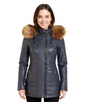 Mejora tu guardarropa invernal con nuestra parka de cuero para mujer de corte entallado, la opción perfecta para mantenerte abrigada y con estilo en climas fríos. Confeccionada con 100 % cuero napa ultrasuave de primera calidad, esta chaqueta ofrece una sensación lujosa y cómoda. Esto es lo que la distingue: Capucha desmontable con forro de piel: La chaqueta cuenta con una capucha desmontable con forro de piel, que proporciona calidez y un aspecto exuberante que añade un toque de sofisticación a tu atuendo invernal. Bolsillos funcionales con cremallera: Cuatro bolsillos con cremallera en la parte delantera de la chaqueta, con pestaña para una fácil apertura, ofrecen un almacenamiento seguro y práctico para tus objetos esenciales. Lujosos detalles acolchados: Los detalles acolchados en las mangas y la cintura añaden un toque de lujo y textura al diseño de la chaqueta, realzando su atractivo visual. Cuello alto: El cuello alto, abrochado con botones a presión, no solo te mantiene abrigada, sino que también añade un elemento chic y elegante al look general. Puños con cremallera: Los puños con cremallera proporcionan mayor ajuste y estilo, lo que te permite personalizar el largo de las mangas según tus preferencias. Esta chaqueta parka de cuero para mujer combina moda, funcionalidad y calidad superior, lo que la convierte en un complemento imprescindible para tu guardarropa de invierno para un aspecto elegante y acogedor.