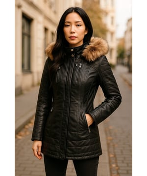 Elevate your winter wardrobe with our slim-fit Women's Leather Parka Jacket, a perfect choice for staying warm and stylish in colder weather. Crafted from 100% premium ultra-soft nappa leather, this jacket offers a luxurious and comfortable feel. Here's what sets it apart:

Detachable Fur-Lined Hood: The jacket features a detachable fur-lined hood, providing both warmth and an exuberant look that adds a touch of sophistication to your winter attire.
Functional Zip Pockets: Four zip pockets on the jacket front, tabbed for easy opening, offer secure and convenient storage for your essentials.
Luxurious Quilted Detailing: Quilted detailing on the sleeves and waist adds a touch of luxury and texture to the jacket's design, enhancing its visual appeal.
High Stand Collar: The high stand collar, fastened with press studs, not only keeps you warm but also adds a chic and elegant element to the overall look.
Zipped Cuffs: Zipped cuffs provide added adjustability and style, allowing you to customize the sleeve length according to your preference.
This Women's Leather Parka Jacket combines fashion, functionality, and premium quality, making it a must-have addition to your winter wardrobe for a chic and cozy look.