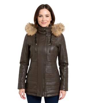 Erweitern Sie Ihre Wintergarderobe mit unserer schmal geschnittenen Lederparkajacke für Damen – die perfekte Wahl, um es bei kälterem Wetter warm und stilvoll zu haben. Diese Jacke aus 100 % hochwertigem, ultraweichem Nappaleder bietet ein luxuriöses und bequemes Tragegefühl. Das zeichnet sie aus: Abnehmbare, pelzgefütterte Kapuze: Die Jacke hat eine abnehmbare, pelzgefütterte Kapuze, die sowohl Wärme bietet als auch einen üppigen Look verleiht, der Ihrem Winteroutfit einen Hauch von Raffinesse verleiht. Funktionelle Reißverschlusstaschen: Vier Reißverschlusstaschen auf der Vorderseite der Jacke mit Laschen zum einfachen Öffnen bieten sichere und praktische Aufbewahrung für Ihre wichtigsten Dinge. Luxuriöse Steppdetails: Steppdetails an Ärmeln und Taille verleihen dem Design der Jacke einen Hauch von Luxus und Struktur und steigern ihre Optik. Hoher Stehkragen: Der hohe Stehkragen mit Druckknöpfen hält Sie nicht nur warm, sondern verleiht dem Gesamtlook auch ein schickes und elegantes Element. Ärmelbündchen mit Reißverschluss: Ärmelbündchen mit Reißverschluss bieten zusätzliche Einstellbarkeit und Stil, sodass Sie die Ärmellänge nach Ihren Wünschen anpassen können. Diese Damen-Lederparkajacke vereint Mode, Funktionalität und Premiumqualität und ist damit ein Must-have für Ihre Wintergarderobe für einen schicken und gemütlichen Look.