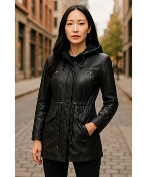 Experimente la sofisticación y la calidez con esta elegante chaqueta de invierno. Su diseño exterior irradia un encanto refinado, ideal para quienes buscan elegancia en climas fríos. En el interior, un acogedor forro con patrón de cuadros garantiza calidez y comodidad, complementado con una cinturilla para mayor calidez. La cremallera frontal está oculta bajo una bragueta abotonada, lo que contribuye a una estética limpia y pulida. Características destacadas del diseño: Confeccionada con 100% cuero napa ultra suave de primera calidad para una calidad y comodidad excepcionales. Equipada con un cierre de cremallera YKK oculto y una capucha ajustable para una mayor protección contra los elementos. Cuenta con cuatro bolsillos exteriores con herrajes ocultos, manteniendo la apariencia limpia de la chaqueta. Un motivo de cordón en la parte delantera de la chaqueta agrega un toque de estilo y versatilidad. Esta chaqueta combina a la perfección estilo y funcionalidad, lo que la convierte en una excelente opción para quienes priorizan tanto la sofisticación como la calidez en su atuendo de invierno. Realza tu guardarropa de invierno con esta pieza excepcional.