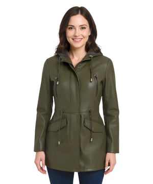 Esta chaqueta presenta un elegante diseño exterior, ideal para quienes buscan un estilo sofisticado durante el invierno. El forro interior abriga y presenta un estampado de cuadros, además de una cinturilla para mayor comodidad. La cremallera frontal está oculta por una bragueta abotonada, lo que le da un aspecto impecable, complementado por los herrajes ocultos en los bolsillos con cremallera y solapa del exterior. Para mayor protección contra el frío, la chaqueta cuenta con una capucha ajustable con cordones para lograr el look y la sensación deseados. 100 % piel de napa premium ultrasuave. Cierre con cremallera YKK oculta y capucha ajustable. Cuenta con cuatro bolsillos exteriores y un motivo de cordón en la parte delantera.