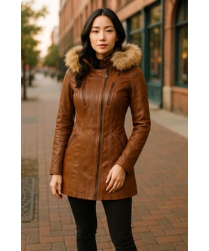 Erweitern Sie Ihre Wintergarderobe mit unserer schmal geschnittenen Lederparkajacke für Damen – die perfekte Wahl, um es bei kälterem Wetter warm und stilvoll zu haben. Diese Jacke aus 100 % hochwertigem, ultraweichem Nappaleder bietet ein luxuriöses und bequemes Tragegefühl. Das zeichnet sie aus: Abnehmbare, pelzgefütterte Kapuze: Die Jacke hat eine abnehmbare, pelzgefütterte Kapuze, die sowohl Wärme bietet als auch einen üppigen Look verleiht, der Ihrem Winteroutfit einen Hauch von Raffinesse verleiht. Funktionelle Reißverschlusstaschen: Vier Reißverschlusstaschen auf der Vorderseite der Jacke mit Laschen zum einfachen Öffnen bieten sichere und praktische Aufbewahrung für Ihre wichtigsten Dinge. Luxuriöse Steppdetails: Steppdetails an Ärmeln und Taille verleihen dem Design der Jacke einen Hauch von Luxus und Struktur und steigern ihre Optik. Hoher Stehkragen: Der hohe Stehkragen mit Druckknöpfen hält Sie nicht nur warm, sondern verleiht dem Gesamtlook auch ein schickes und elegantes Element. Ärmelbündchen mit Reißverschluss: Ärmelbündchen mit Reißverschluss bieten zusätzliche Einstellbarkeit und Stil, sodass Sie die Ärmellänge nach Ihren Wünschen anpassen können. Diese Damen-Lederparkajacke vereint Mode, Funktionalität und Premiumqualität und ist damit ein Must-have für Ihre Wintergarderobe für einen schicken und gemütlichen Look.