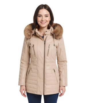 Verrijk je wintergarderobe met onze slim-fit leren parka voor dames, de perfecte keuze om warm en stijlvol te blijven in kouder weer. Deze jas is gemaakt van 100% premium ultrazacht nappaleer en biedt een luxe en comfortabel gevoel. Dit is wat hem onderscheidt: Afneembare capuchon met bontvoering: De jas heeft een afneembare capuchon met bontvoering, die zowel warmte als een uitbundige look biedt die een vleugje verfijning toevoegt aan je winterkleding. Functionele ritszakken: Vier ritszakken aan de voorkant van de jas, met lipjes voor eenvoudige opening, bieden veilige en handige opbergruimte voor je essentials. Luxe gewatteerde details: Gewatteerde details op de mouwen en taille voegen een vleugje luxe en textuur toe aan het ontwerp van de jas, wat de visuele aantrekkingskracht versterkt. Hoge opstaande kraag: De hoge opstaande kraag, vastgemaakt met drukknopen, houdt je niet alleen warm, maar voegt ook een chique en elegant element toe aan de algehele look. Manchetten met rits: Manchetten met rits bieden extra verstelbaarheid en stijl, waardoor je de mouwlengte naar wens kunt aanpassen. Deze leren parka voor dames combineert mode, functionaliteit en hoogwaardige kwaliteit. Het is een onmisbare aanvulling op uw wintergarderobe voor een chique en comfortabele look.