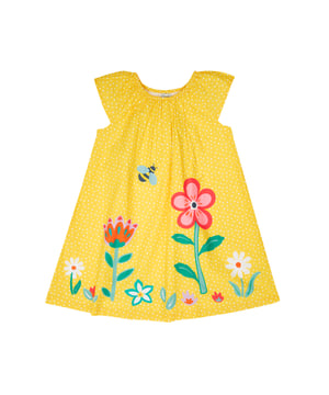 Fluted sleeve dress with elasticated neck line for easy dressing, fully lined. Part of the Frugi circular Recycle Me! Range, this garment can be recycled once it comes to the end of it's usable life. GOTS Organic Certified by Soil Association Certification Licence Number DK22283.