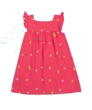 Dress has ruffle sleeves with smocking elasticated back, features all over embroidery design. GOTS Organic Certified by Soil Association Certification Licence Number DK22283