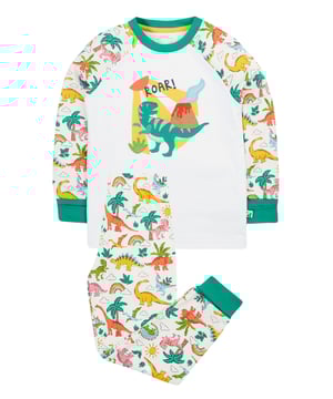 Raglan pyjama top with character applique and co-ordinating printed long john. Top front is lined.-	GOTS Organic Certified by Soil Association Certification Licence Number DK22283