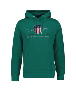 Kapuzen-Sweater für Herren von der Marke GANT. Angenehm weiche Loopback-Jersey-Qualität aus Baumwoll-Mix. GANT Wappen-Stickerei. Mit Kängurutasche.