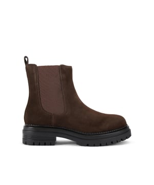 This KG Kurt Geiger Tasha is a classic Chelsea boot crafted from a brown suede leather. There are elasticated panels on the ankle for slip-on ability and a small KG Kurt Geiger stud at the back.