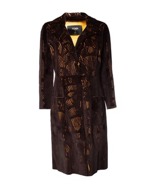 Fendi, Lasercut mink and leather coat in brown. The item is new - unworn and comes with tag, care kit and clothing cover and receipt. Has a personalised label in the neck.
 • CONDITION: new with tag

• SIZE: 40 - S-M 

• MEASUREMENTS: length 108 cm, width 52 cm, waist 48 cm, shoulder width 49 cm, sleeve length 58 cm

• MATERIAL: mink and lamb leather 

• CARE: specialised treatment 

• COLOR: brown