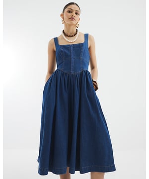Denim fabric, Square neckline, Sleeveless, Corset detail, Elasticated back, Midi length