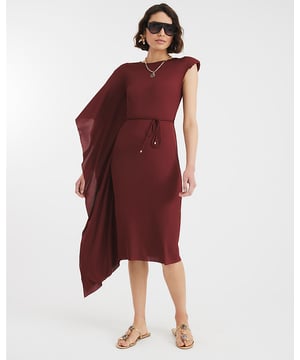 Ribbed fabric, Round neckline, Cape detail, Tie waist, Midi length